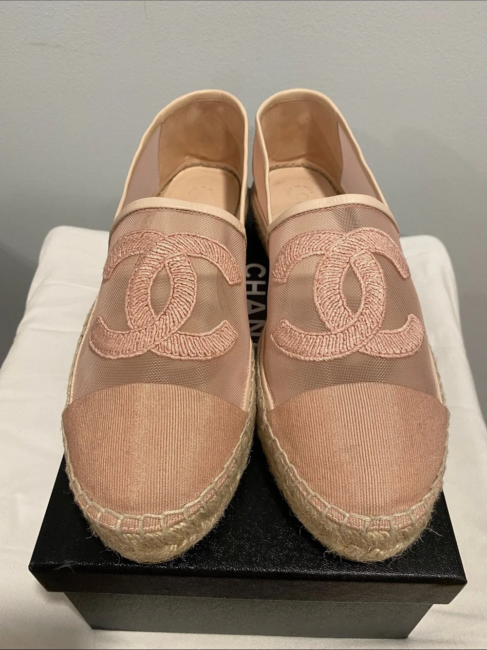 CHANEL Blush Pink Espadrille Slip-Ons with Signature CC